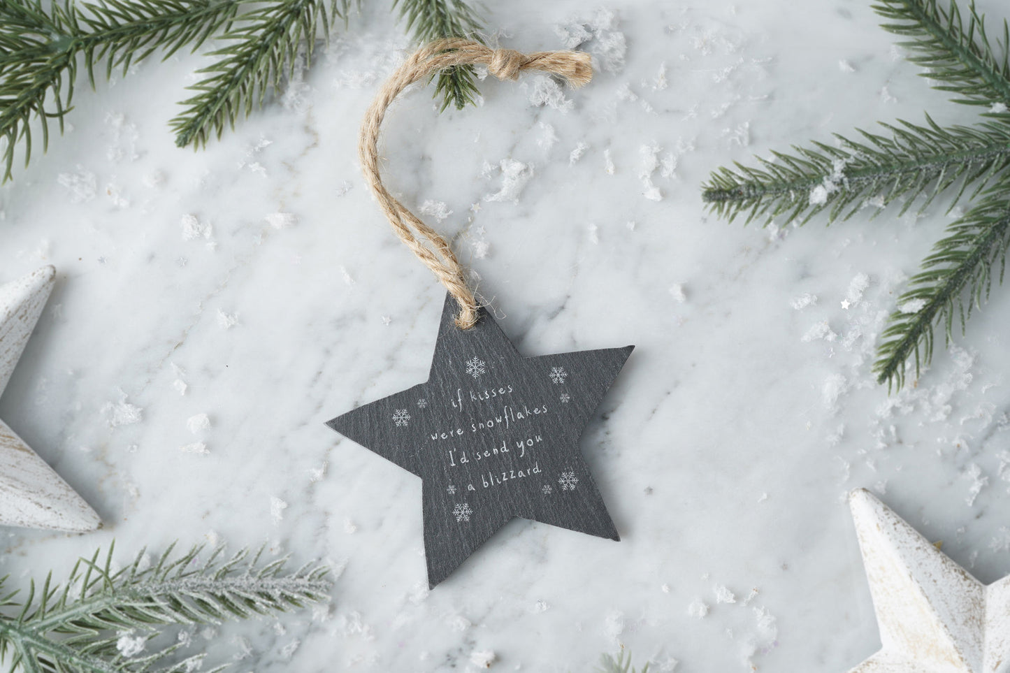 Slate 'If Kisses Were Snowflakes, I'd Send You A Blizzard' Slogan Hanging Christmas Star Tree Decoration
