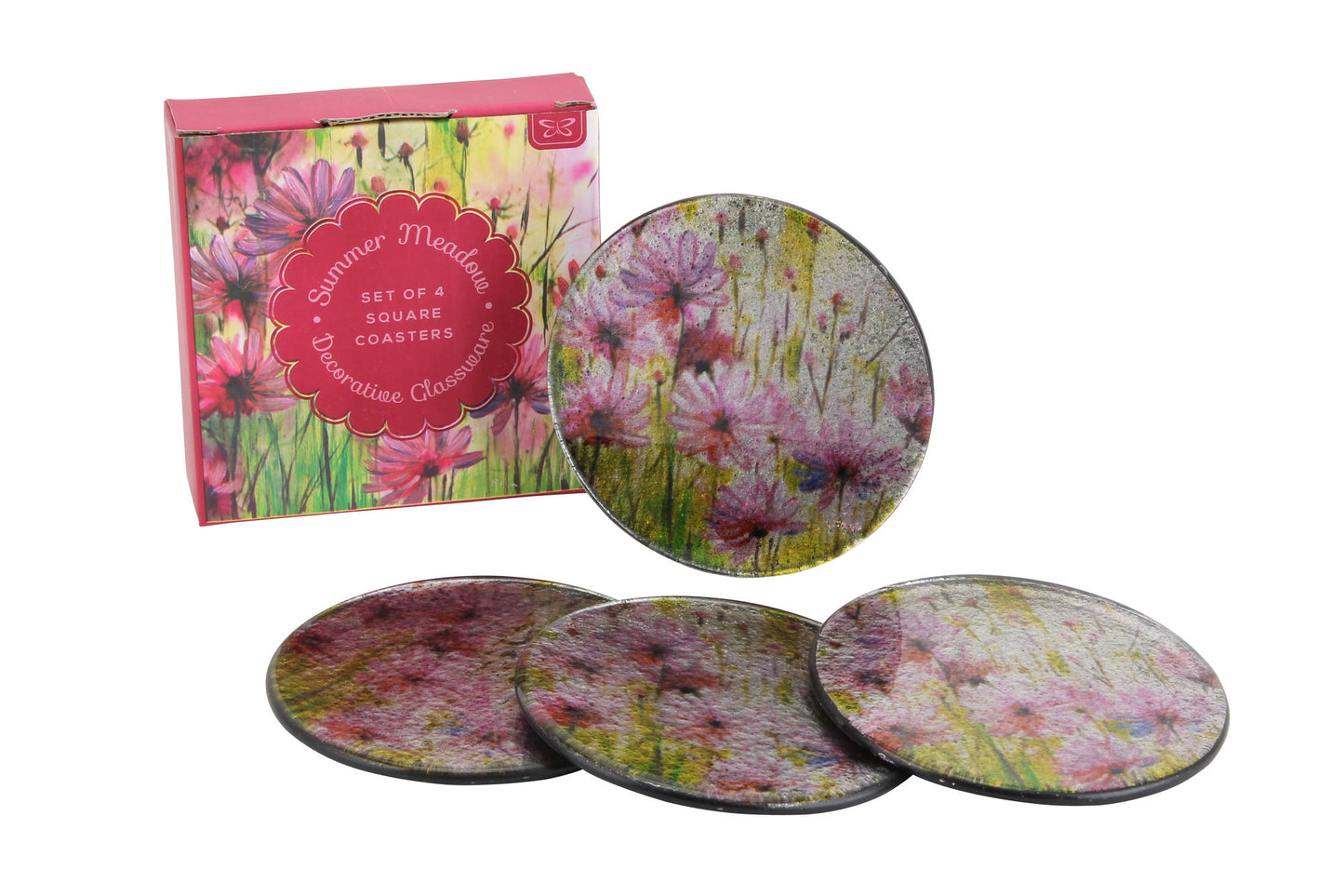 Set of 4 Summer Meadow Design Round Glass Coasters in Gift Box
