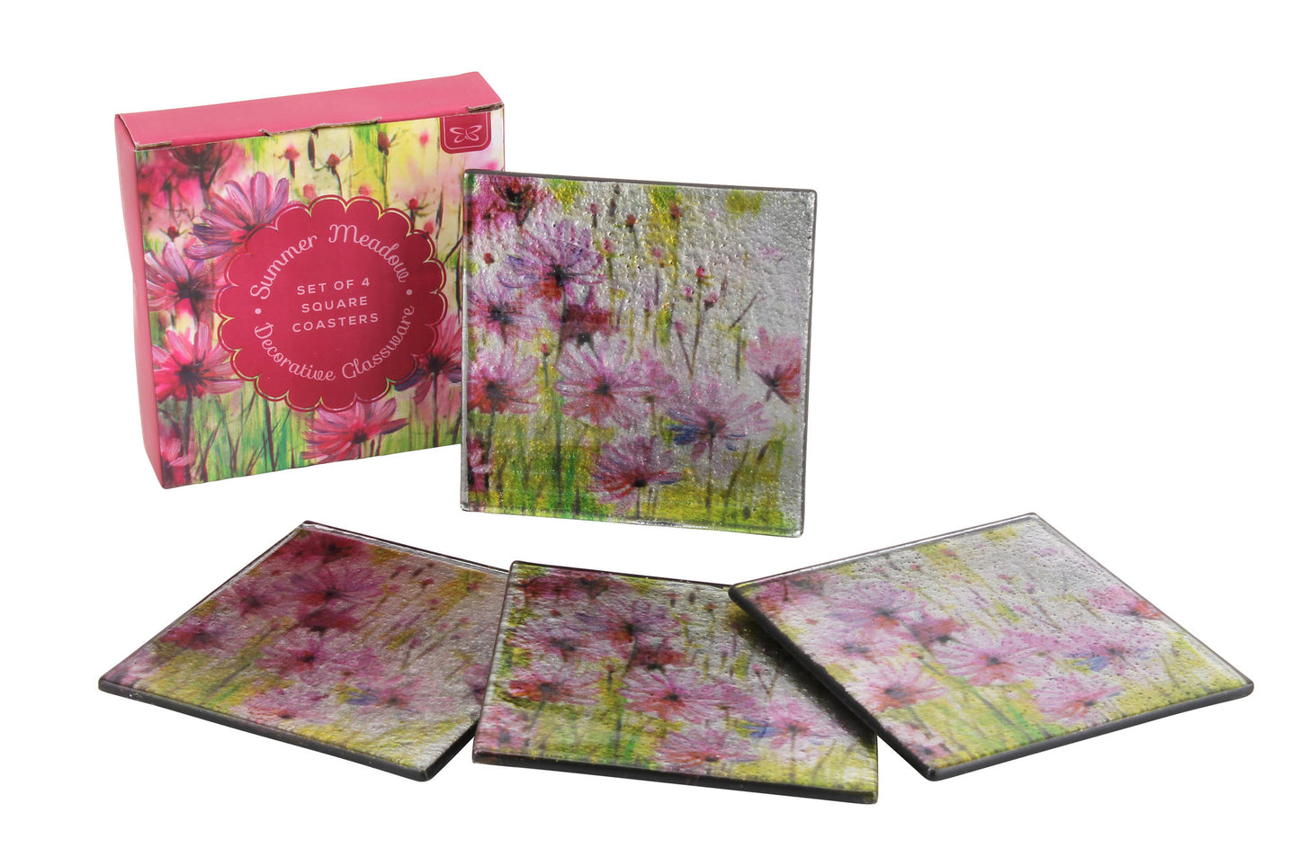 Set of 4 Summer Meadow Design Square Glass Coasters in Gift Box