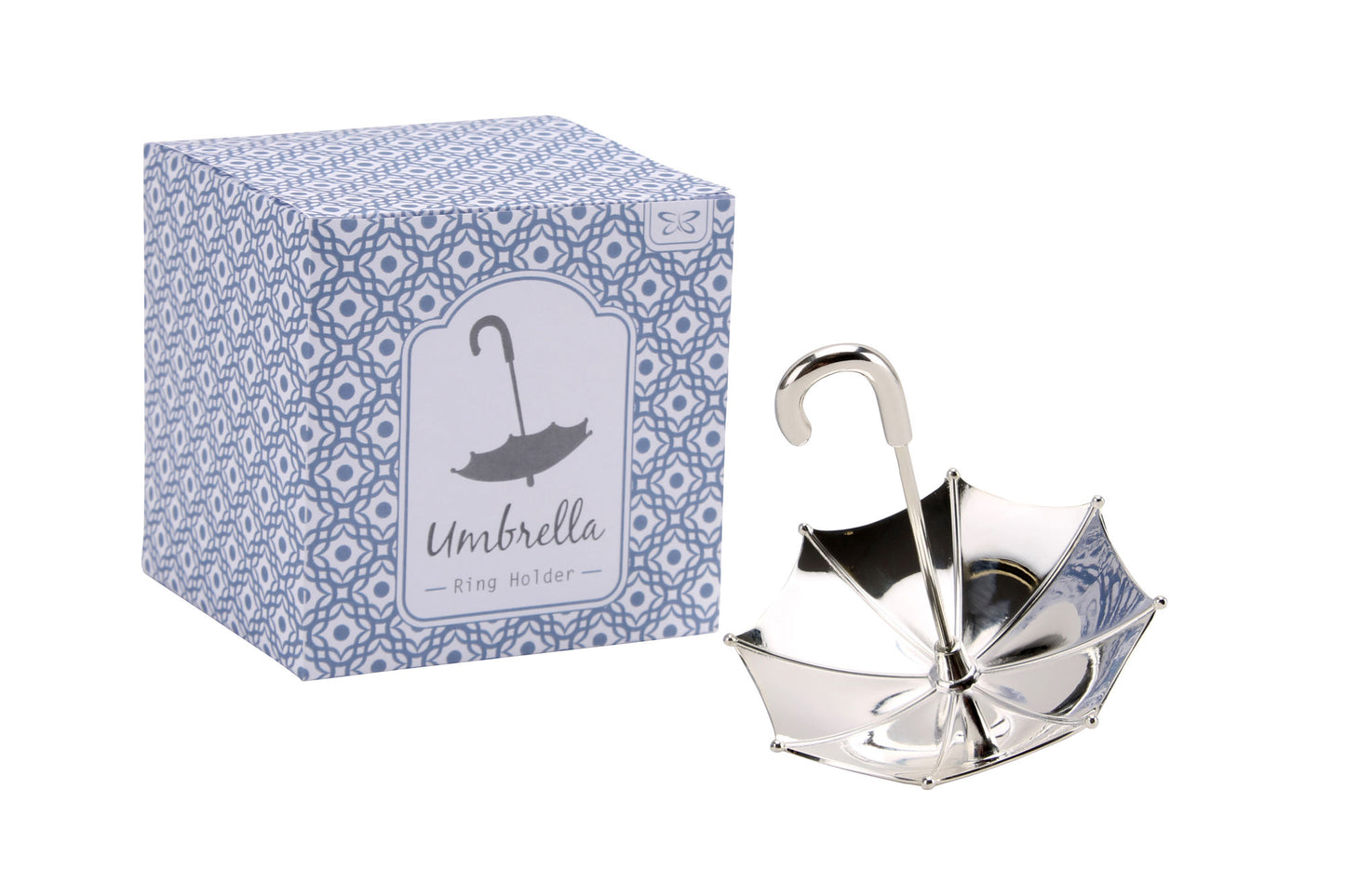 Umbrella Metal Silver Finish Ring and Jewellery Holder and Organiser Stand in Gift Box | Bedside and Bathroom or Kitchen Sink Storage