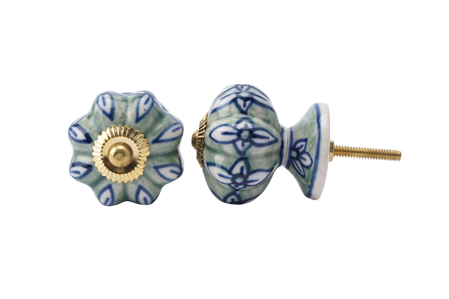 Set of 2 | Ceramic Green/Blue Flower Drawer Pulls | Cabinet Pull | Drawer Knob