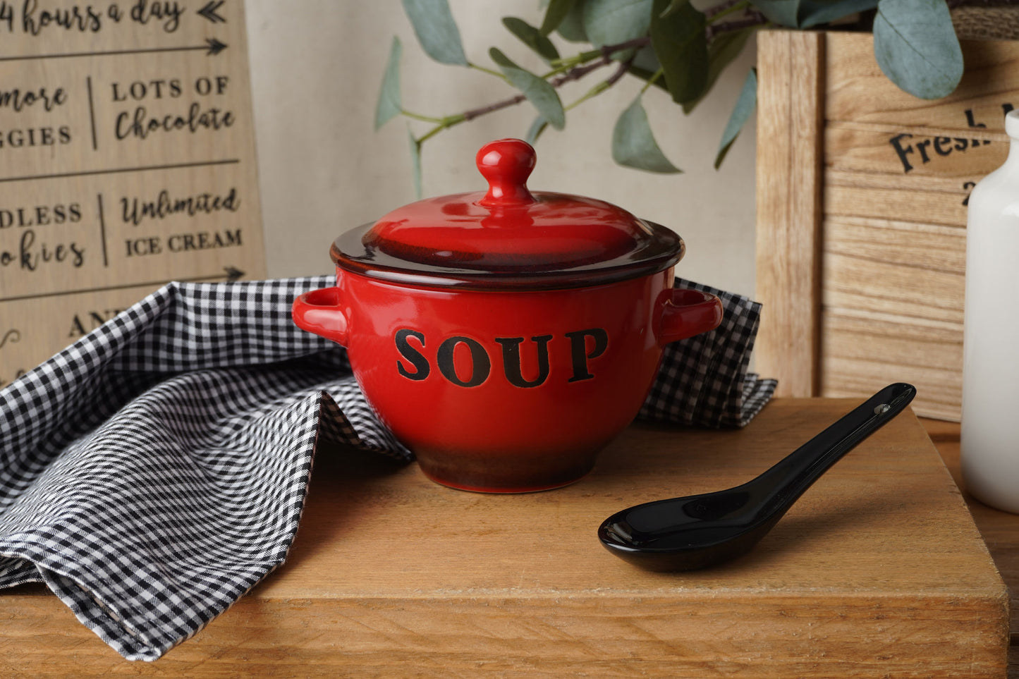 Red Ceramic Soup Bowl with Ceramic Spoon and Gift Box 400 ml | Country Kitchen Chic | Rustic | Breakfast Lunch Dinner