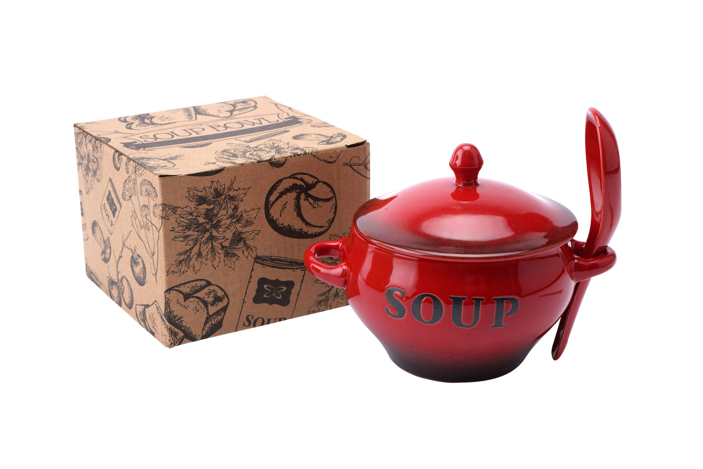 Red Ceramic Soup Bowl with Ceramic Spoon and Gift Box 400 ml | Country Kitchen Chic | Rustic | Breakfast Lunch Dinner