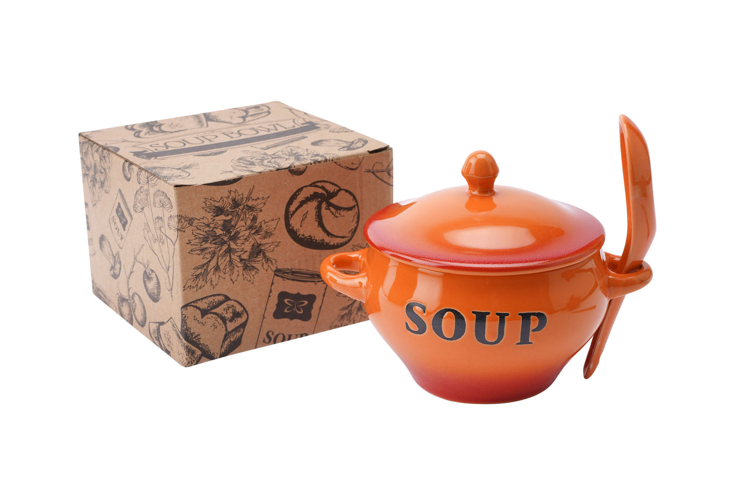 Orange Ceramic Soup Bowl with Ceramic Spoon and Gift Box 400ml | Winter Kitchen Decor | Cosy Home Dining