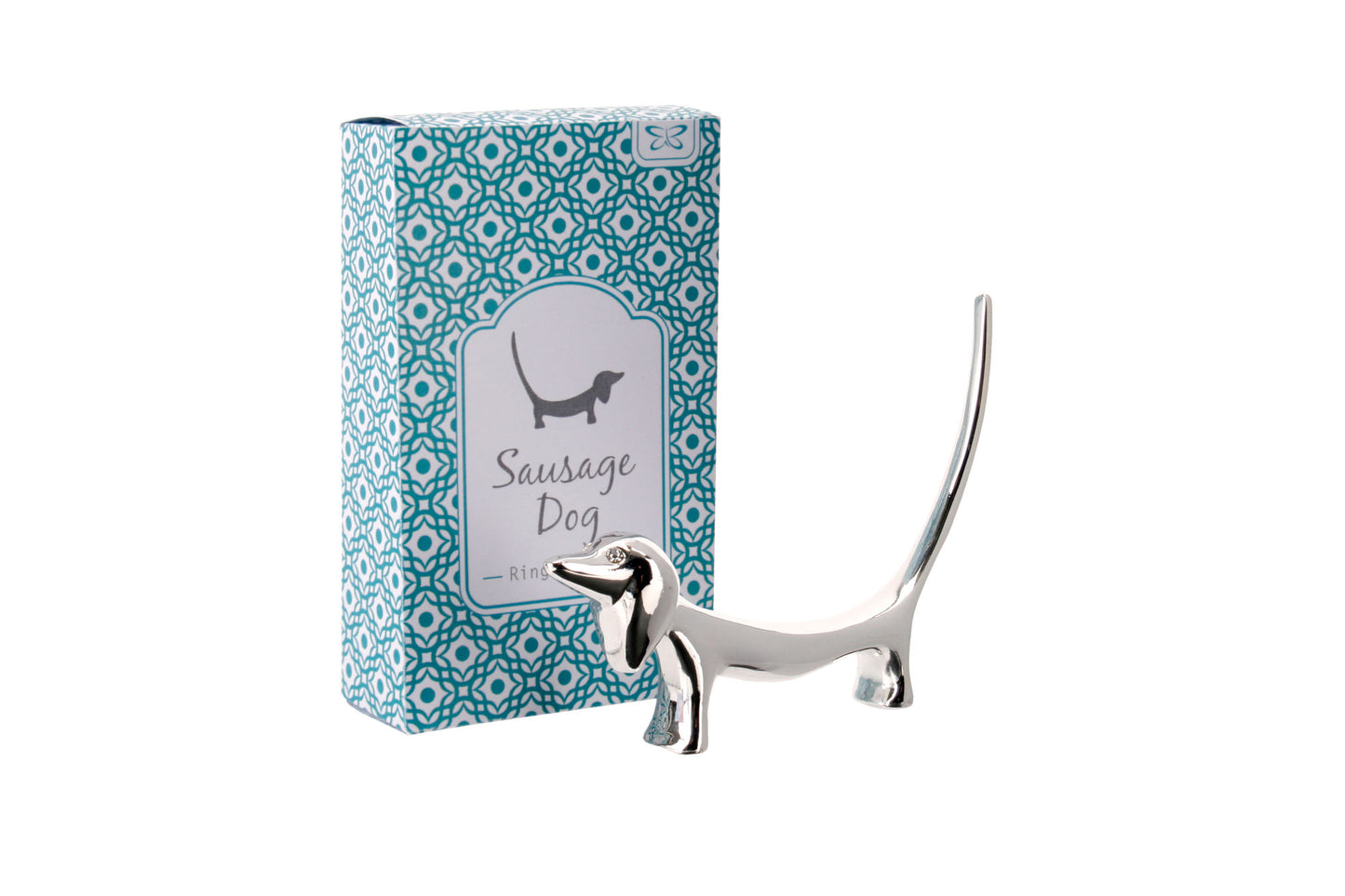 Sausage Dog Metal Silver Finish Ring and Jewellery Holder and Organiser Stand in Gift Box | Bedside and Bathroom or Kitchen Sink Storage