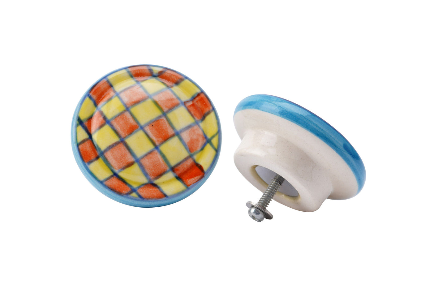 Set of 2 | Check Pattern Orange & Yellow Circular Shape Ceramic Drawer Knobs • Cabinet Pull • DIY Upcycle • Home Improvement • Rennovations