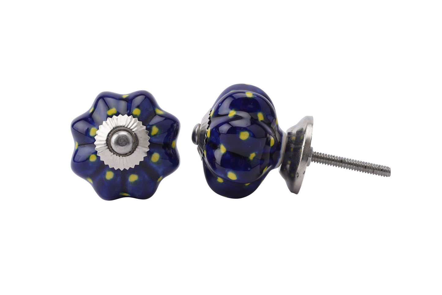 Set of 2 | Dark Blue and Yellow Spotted Melon Shape Ceramic Drawer Pull | Cabinet Pull | Drawer Knob