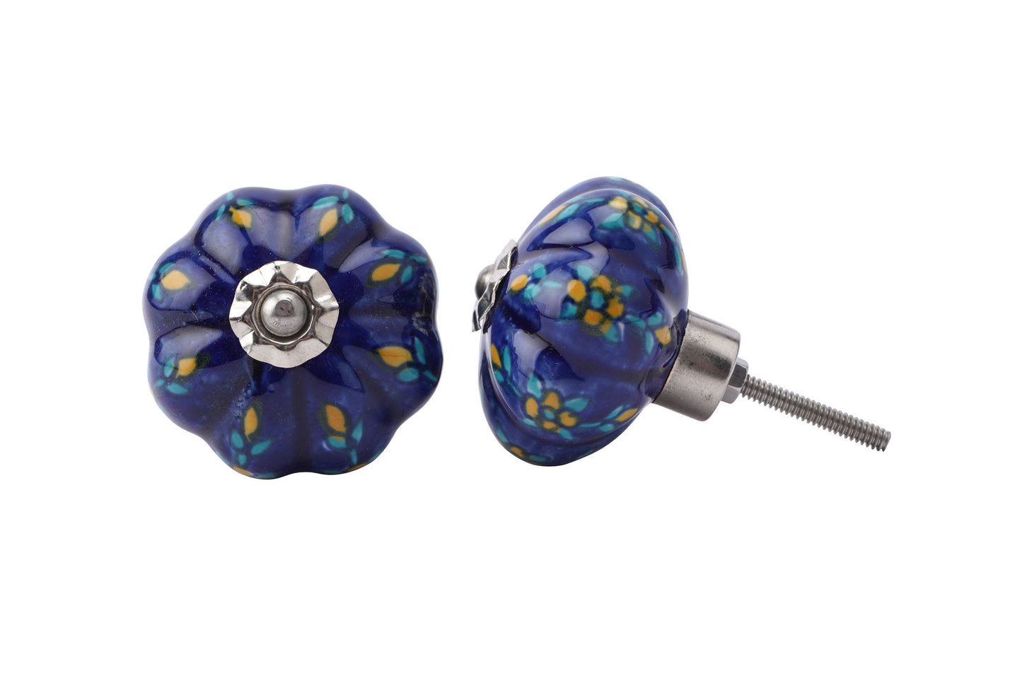 Set of 2 | Yellow and Blue Flower Design Melon Shaped Ceramic Drawer Knob and Cabinet Pull • DIY Upcycle • Home Improvement • Rennovations