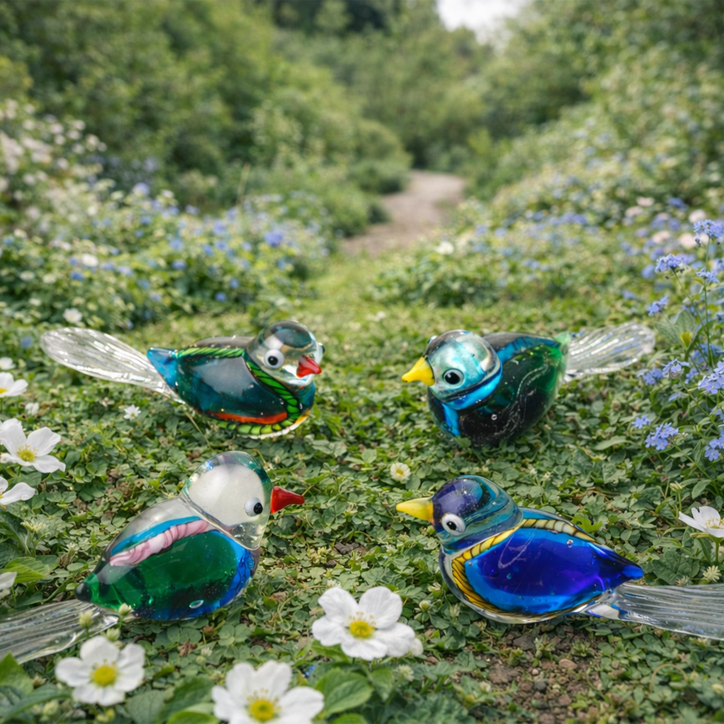 Set of 4 Glass Sitting Birds In Gift Box • Decoration • Ornament • Collectable • Gift For Home • Home Decor