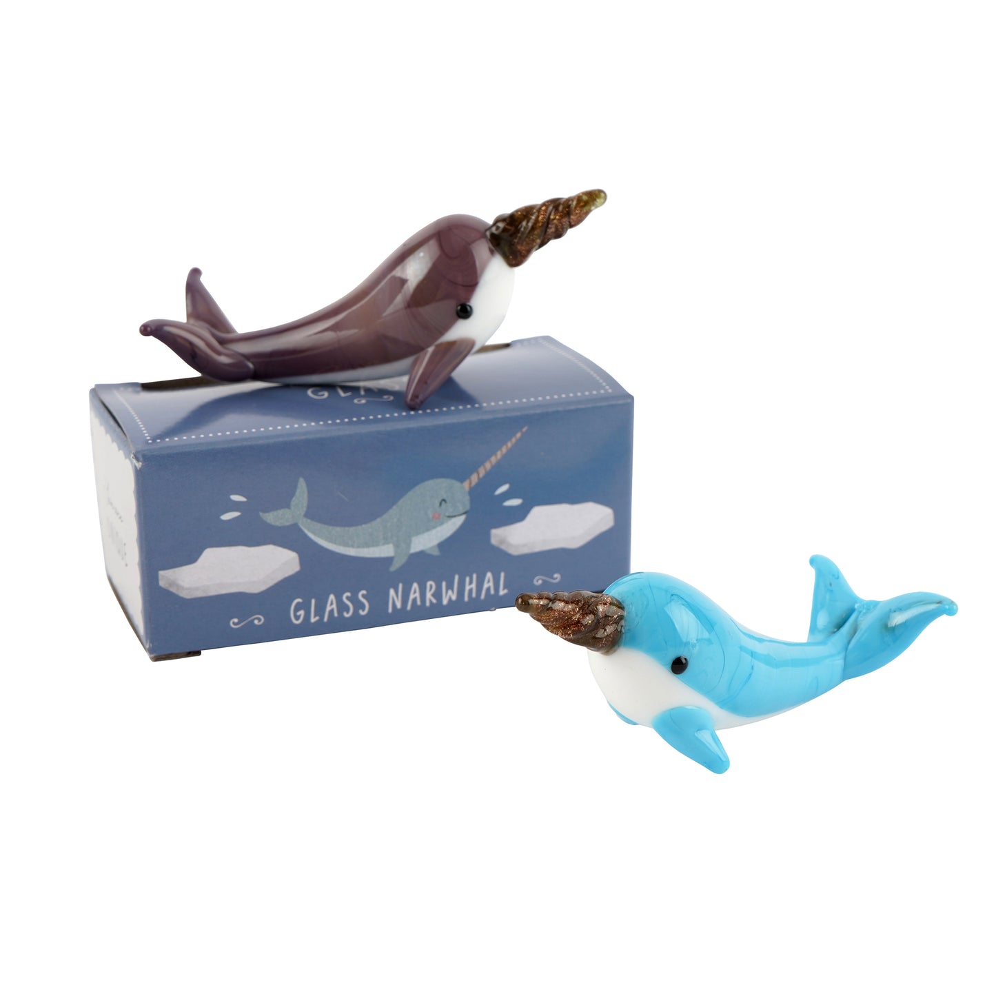Set of 2 Glass Narwhales In Gift Box • Decoration • Ornament • Collectable • Gift For Home • Home Decor