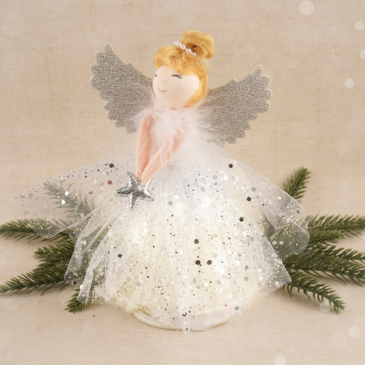Silver Blonde Light Up Angel Christmas Tree Topper in + Includes Batteries | Size: 18cm