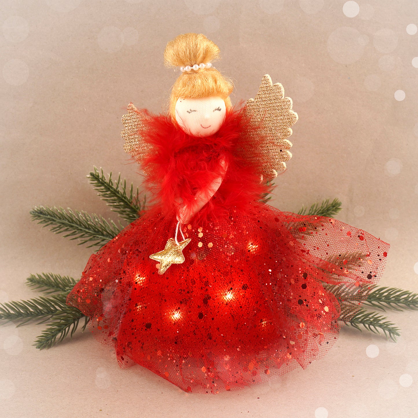 Red Light Up Angel Christmas Tree Topper • Includes Batteries • Size: 18cm • Gift For Home