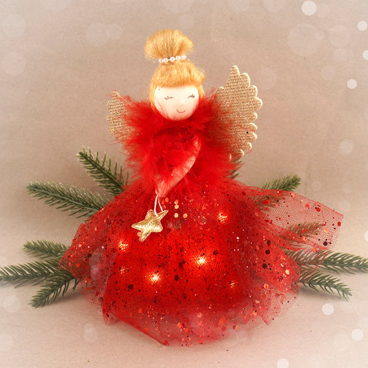 Red Light Up Angel Christmas Tree Topper • Includes Batteries • Size: 18cm • Gift For Home