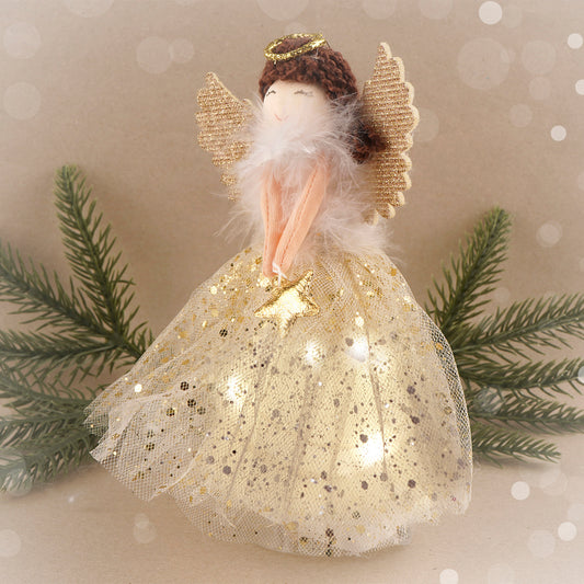 Gold Brunette Light Up Angel Decoration Tree Topper | Battery Powered | Size: 18cm | Christmas | Gift For Home
