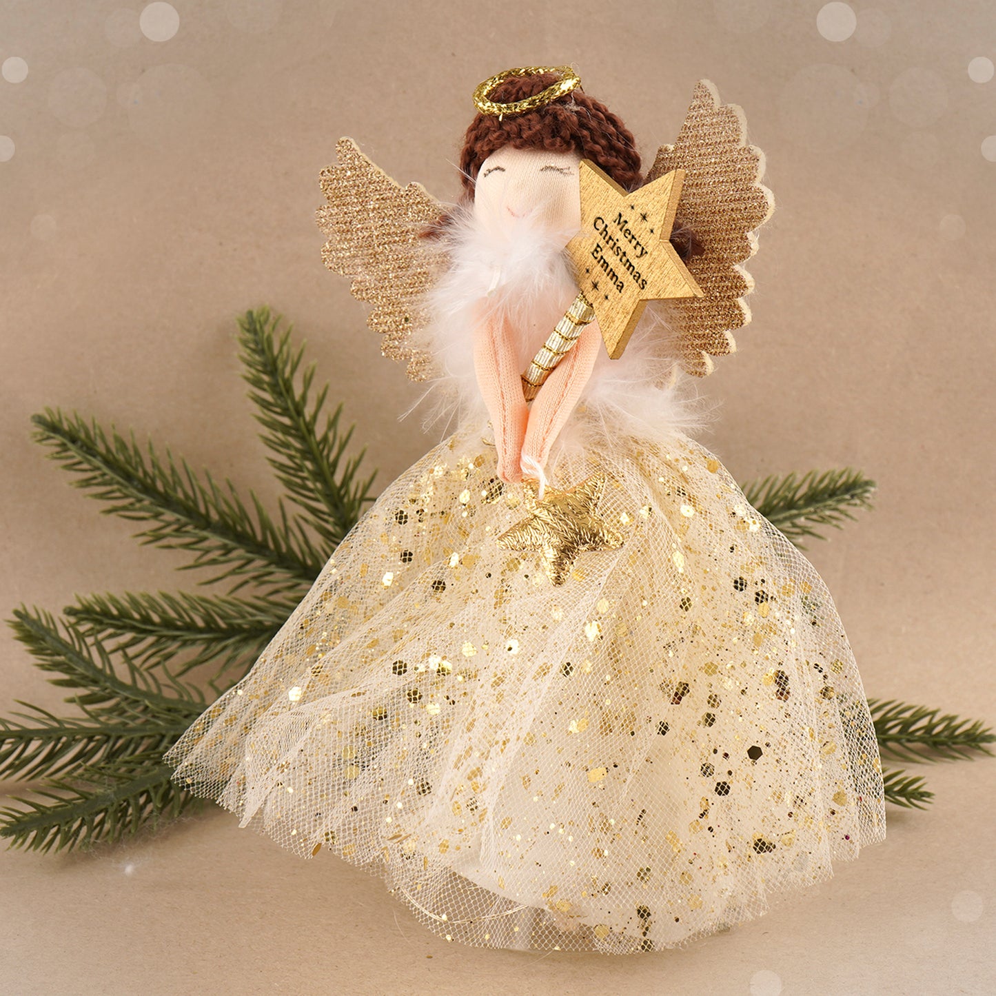 Gold Brunette Light Up Angel Decoration Tree Topper | Battery Powered | Size: 18cm | Christmas | Gift For Home