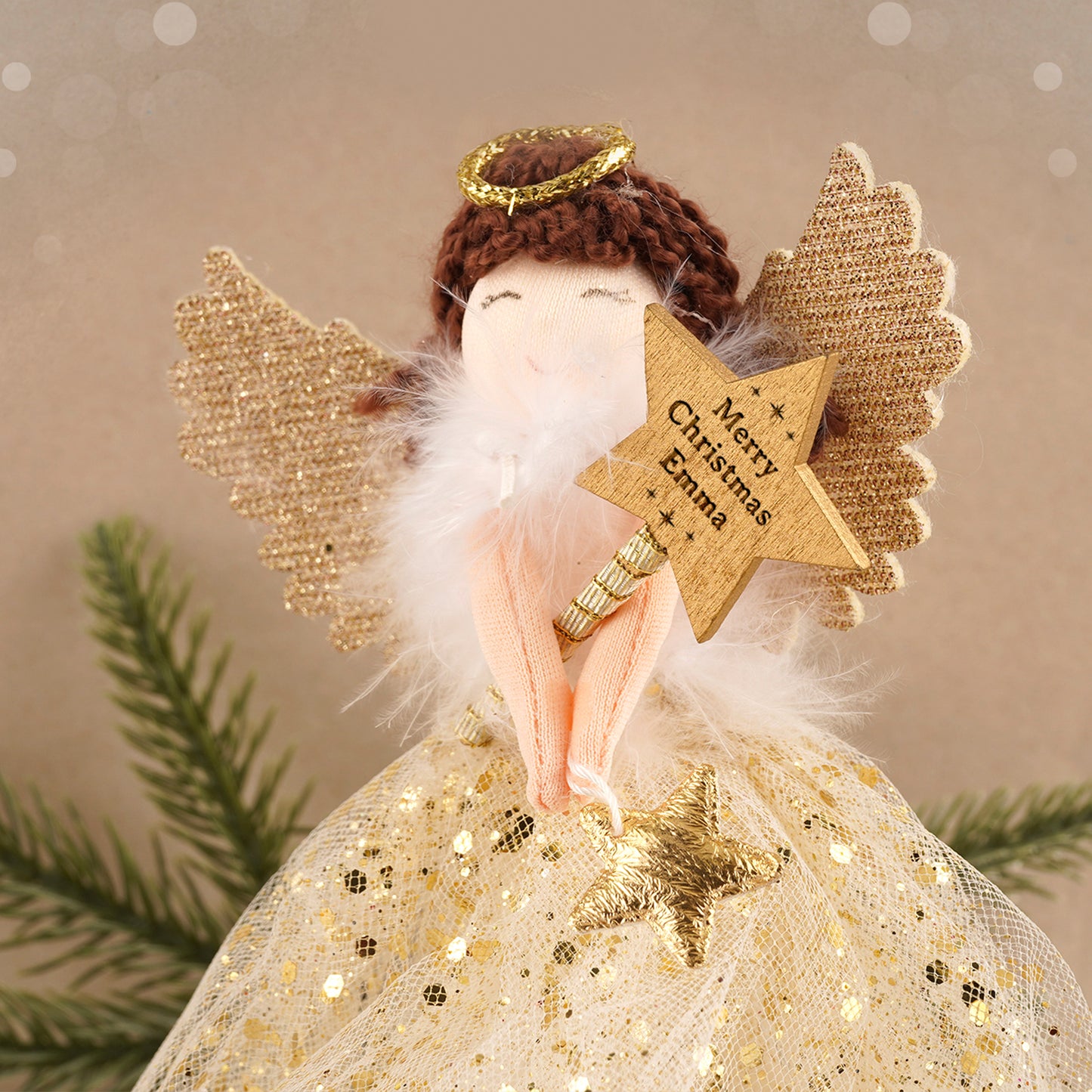 Gold Brunette Light Up Angel Decoration Tree Topper | Battery Powered | Size: 18cm | Christmas | Gift For Home