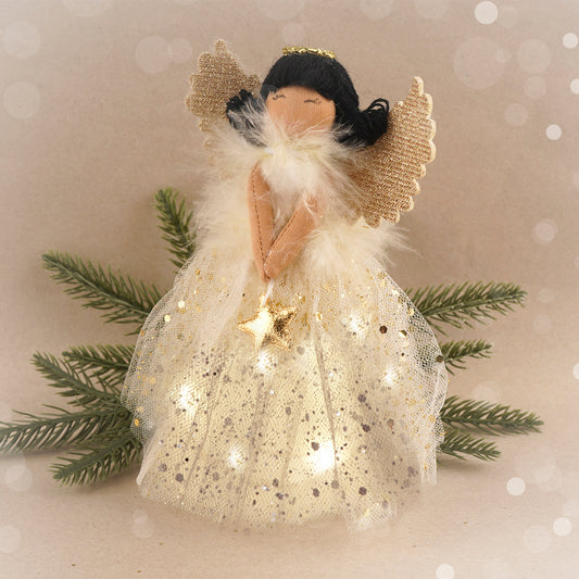 Gold Dark Haired Light Up Tree Topper Angel Decoration | Battery Powered | Size: 18cm | Christmas | Gift For Home