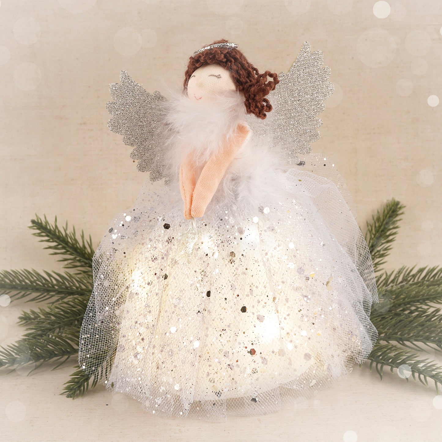 Silver Brunette Light Up Angel Tree Topper Hanging Decoration | Battery Powered | Size: 18cm | Christmas | Gift For Home