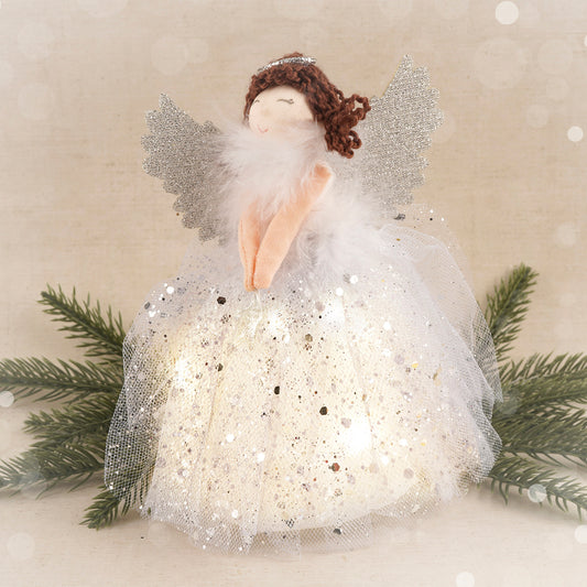 Silver Brunette Light Up Angel Tree Topper Hanging Decoration | Battery Powered | Size: 18cm | Christmas | Gift For Home