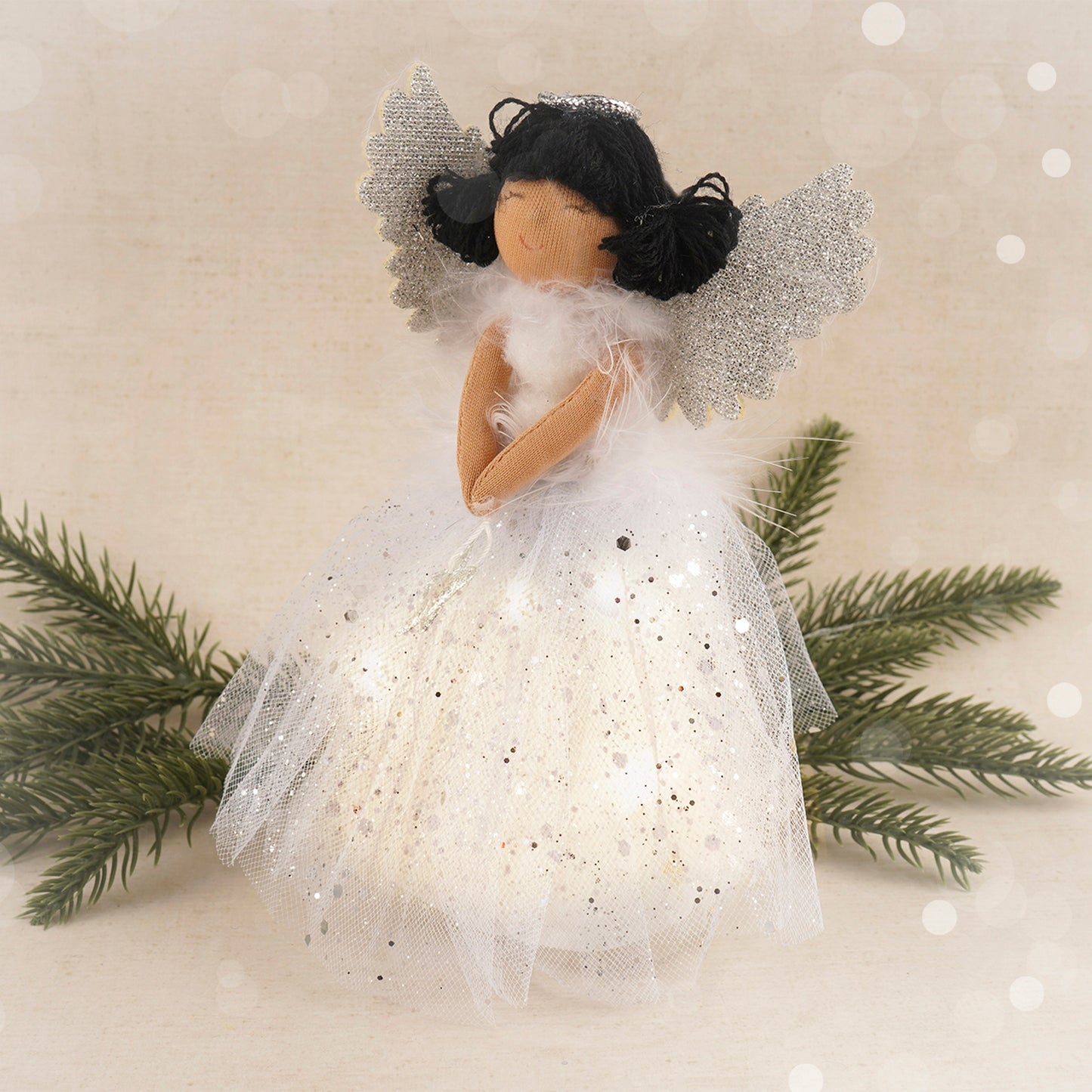 Silver Dark Haired Light Up Tree Topper Angel Decoration | Battery Powered | Size: 18cm | Christmas | Gift For Home