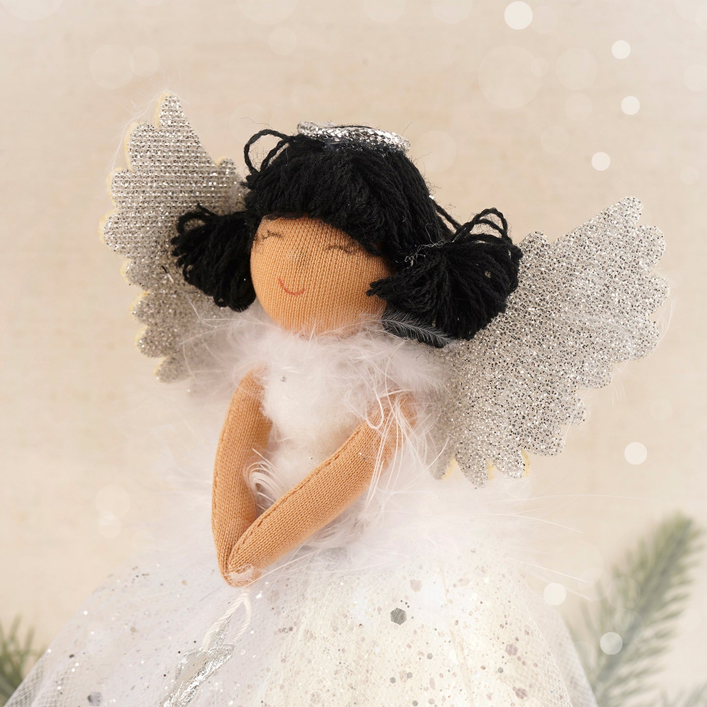 Silver Dark Haired Light Up Tree Topper Angel Decoration | Battery Powered | Size: 18cm | Christmas | Gift For Home