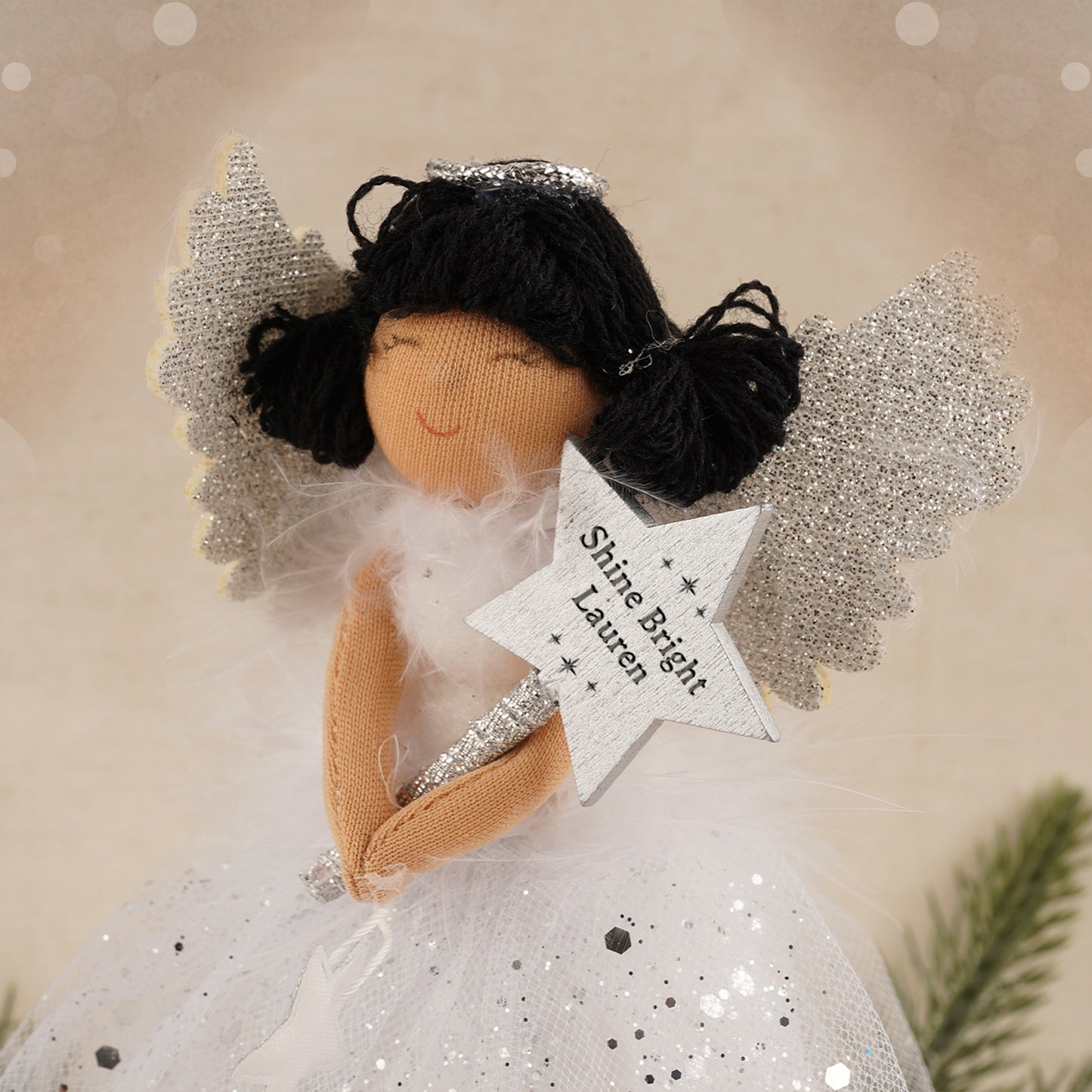 Silver Dark Haired Light Up Tree Topper Angel Decoration | Battery Powered | Size: 18cm | Christmas | Gift For Home