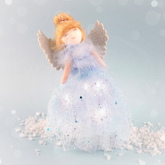 Blue Snow Fairy Light Up Angel Tree Topper | Battery Powered | Size: 18cm | Christmas | Gift For Home