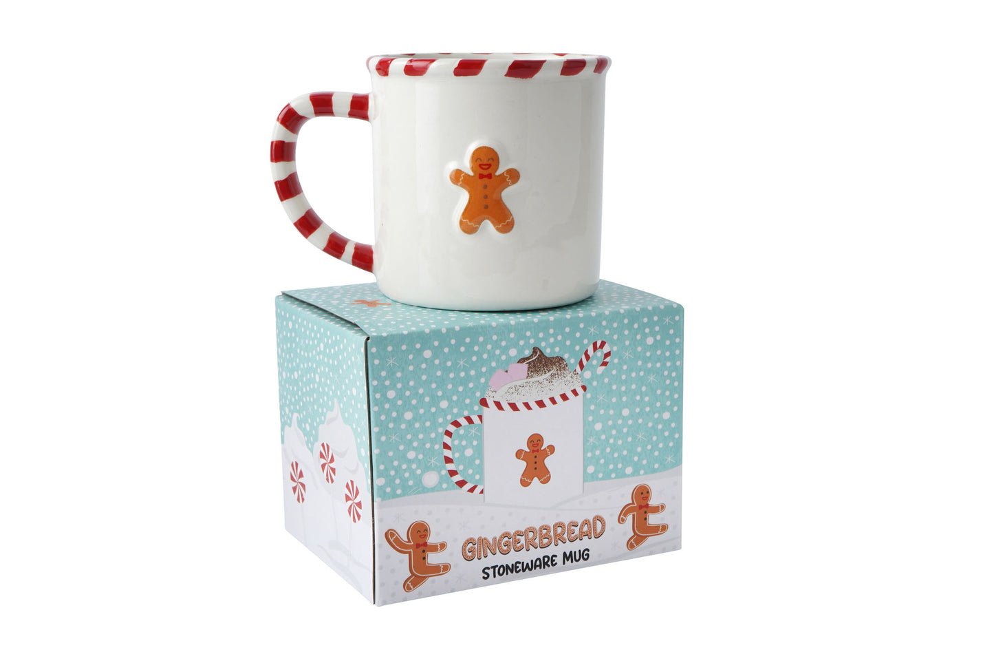 Christmas Gingerbread Man Stoneware Festive Mug With Candy Cane Handle | Includes Gift Box | Christmas Holiday Tableware