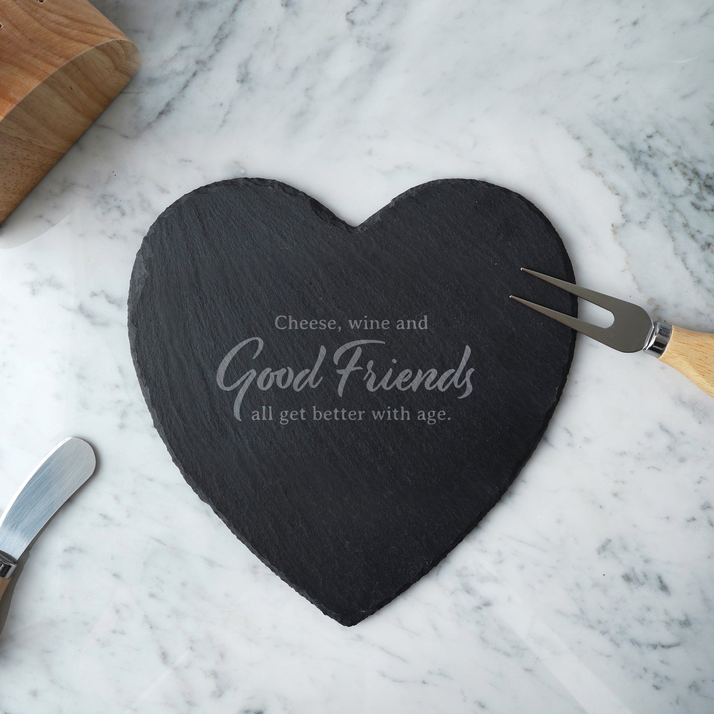 'Cheese, Wine...' Heart Slate Cheeseboard