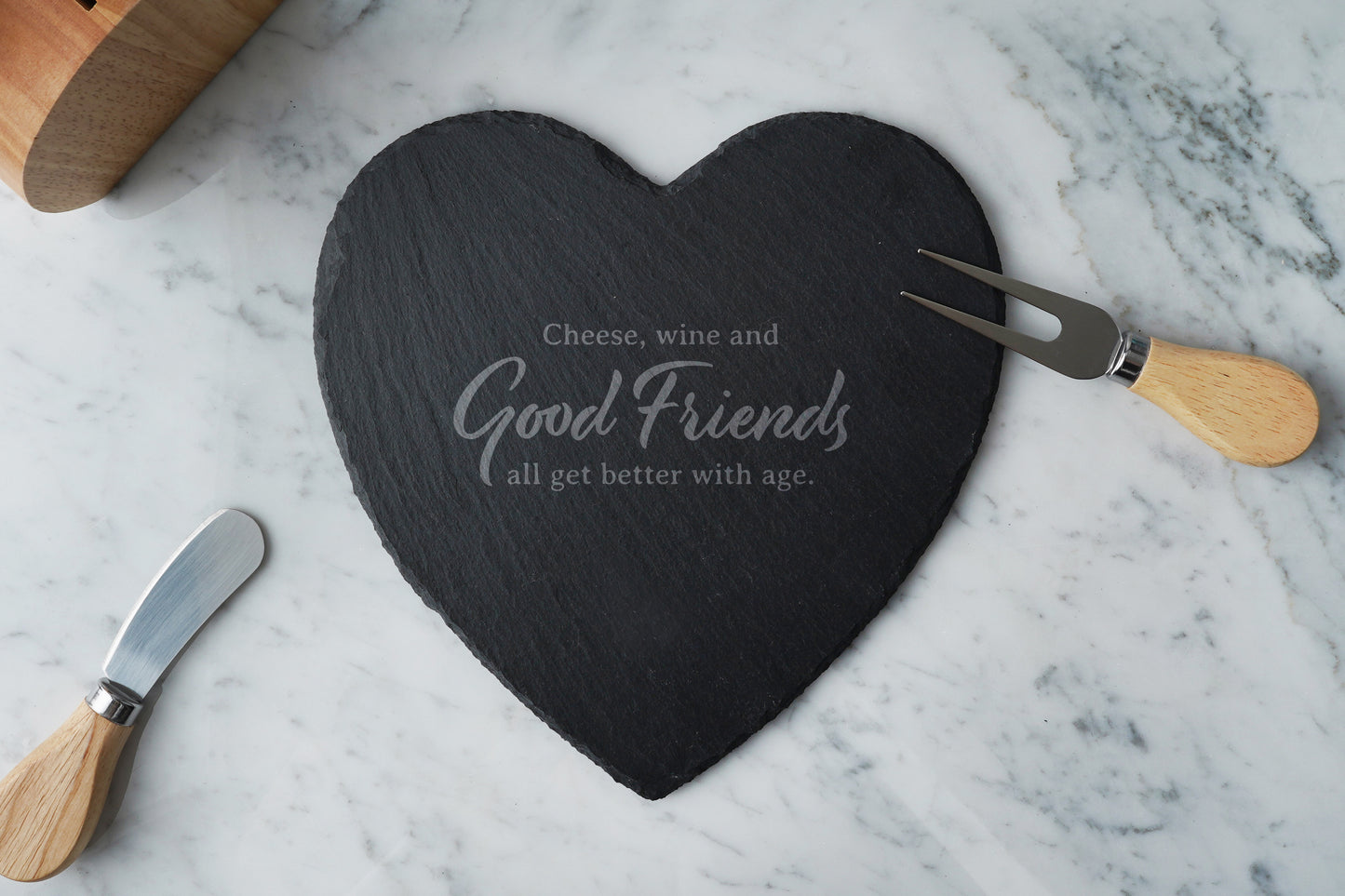 'Cheese, Wine...' Heart Slate Cheeseboard