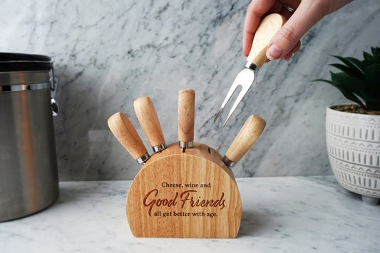 'Cheese, Wine...' Wooden Cheese Knife Block