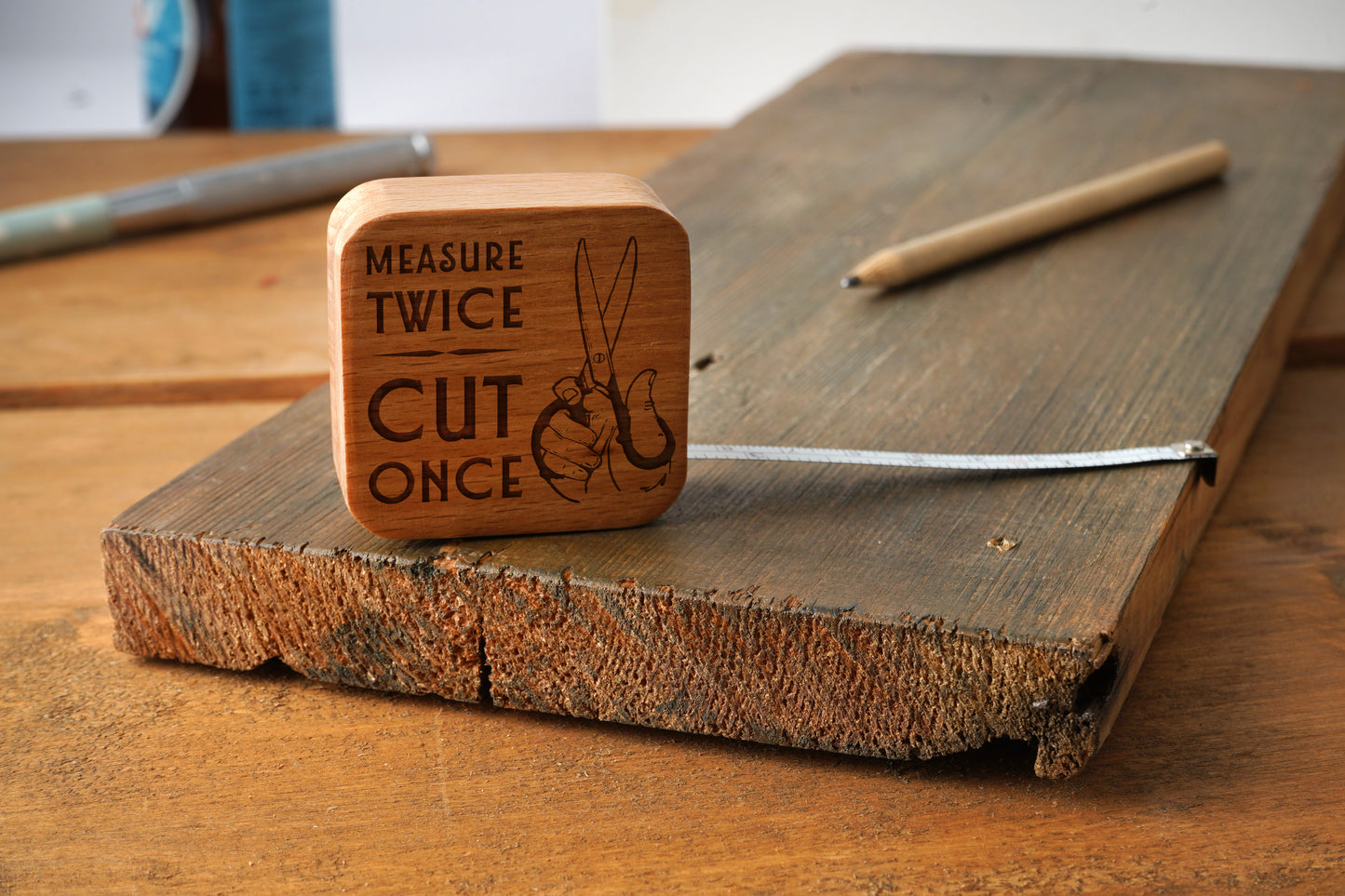 'Measure Twice, Cut Once' Square Tape Measure