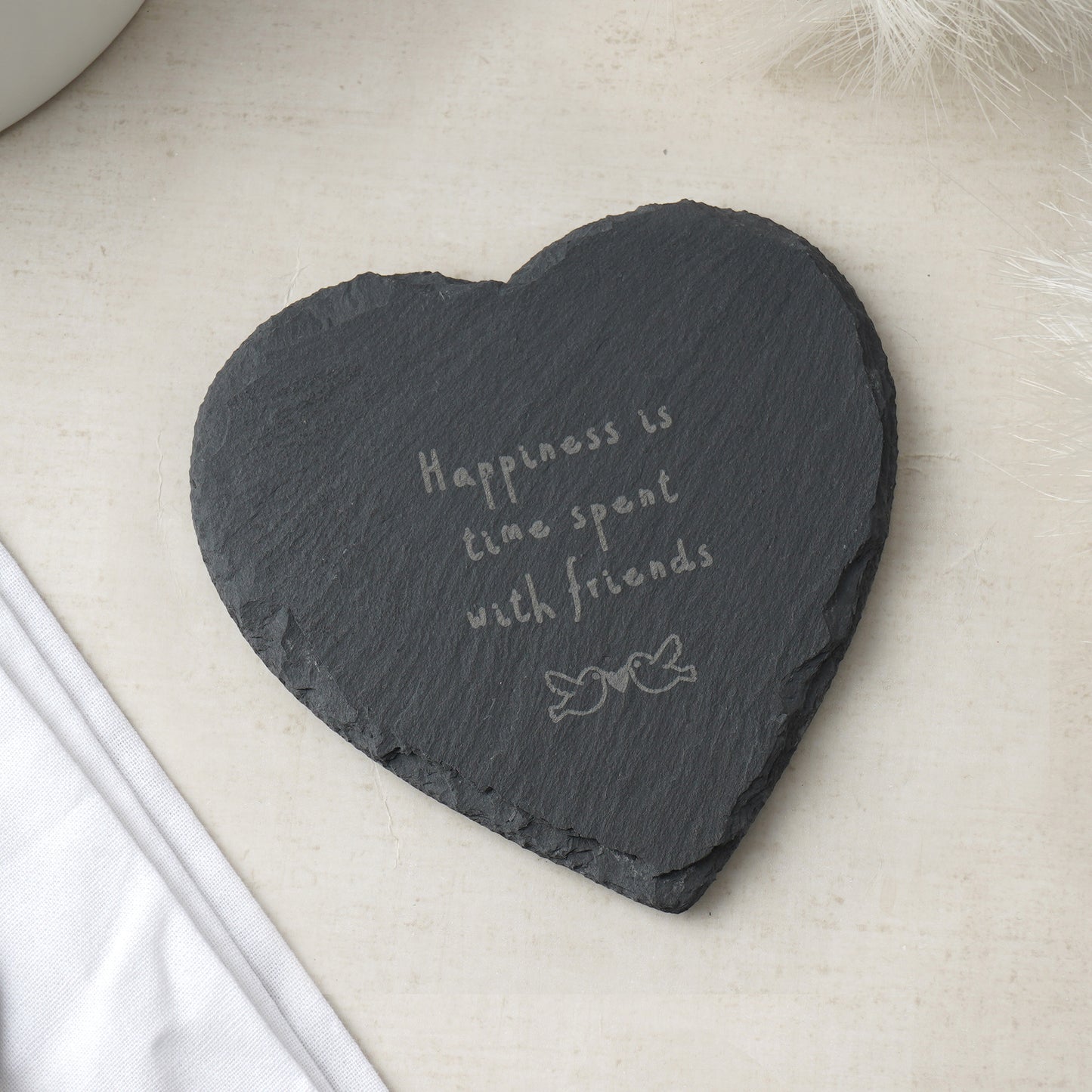 'Happiness Is Time Spent...' Heart Slate Coaster