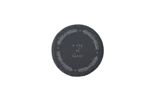 Set of 4 | Round Slate Christmas Coasters - 'A Cup Of Cheer'