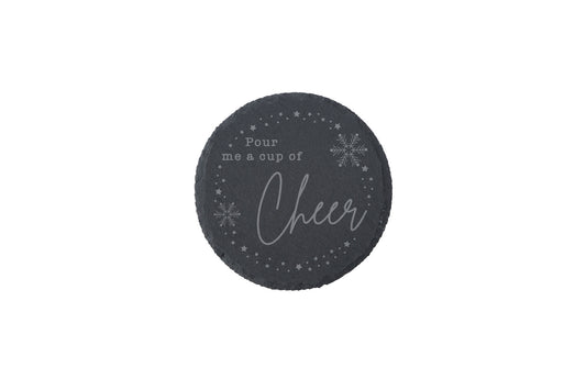 Round Slate Coaster - 'Pour Me A Cup Of Cheer' | Festive Coaster | Christmas | Home Decor
