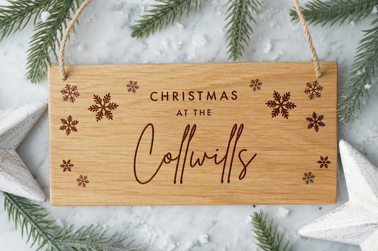 Personalised Oak Christmas Hanging Sign With Jute Hanger
