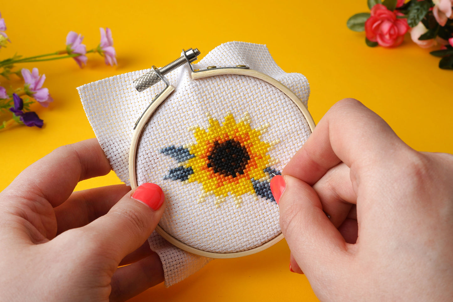 The Beekeeper Sunflower Cross Stitch in Display