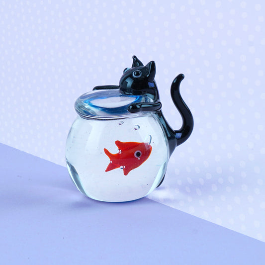 Glass Black Cat with Fish Bowl Figurine | Gift Boxed | Collectable Ornament | Decorative | Home Accessory | Gift For All