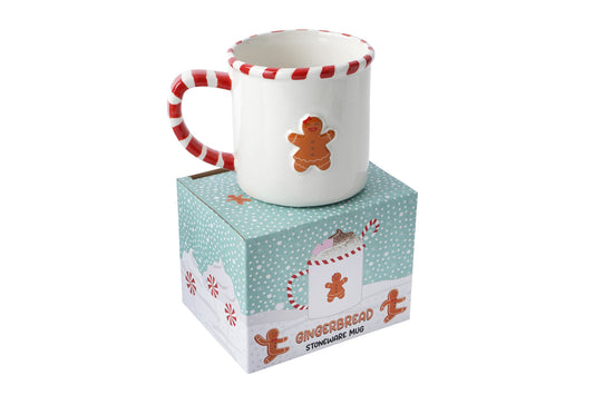 Christmas Gingerbread Man Stoneware Festive Mug With Candy Cane Handle | Includes Gift Box | Christmas Holiday Tableware