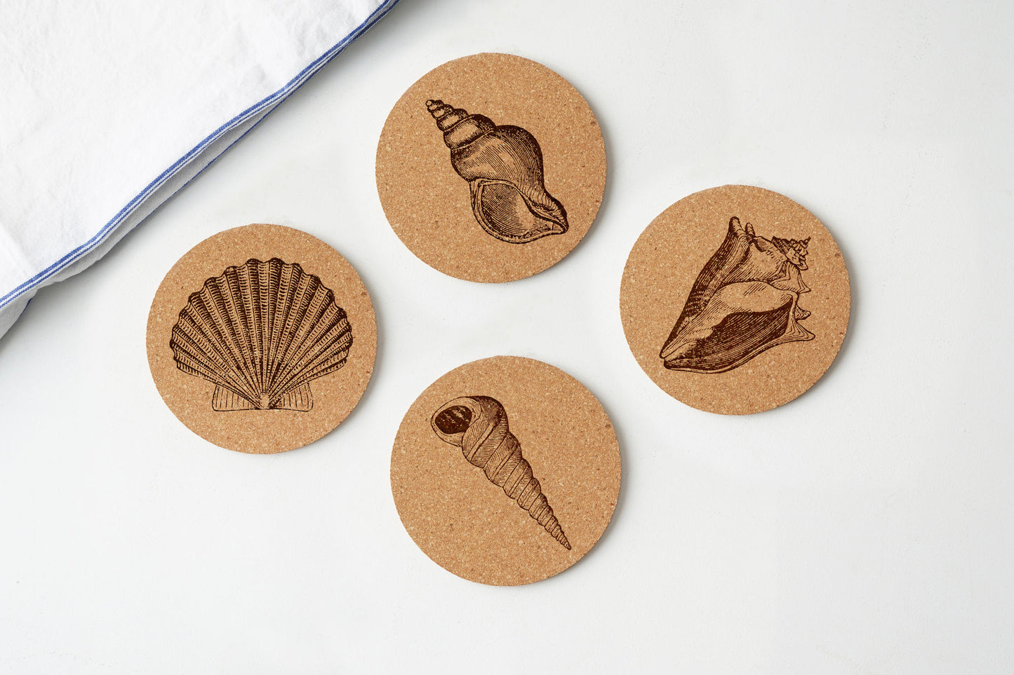 'Shells' 4 Assorted Round Cork Coasters