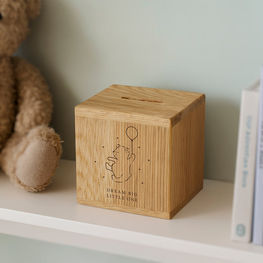The Little Bear Co. 'Dream Big, Little One' Oak Money Box | Wooden Money Box | Saving | Piggy Bank