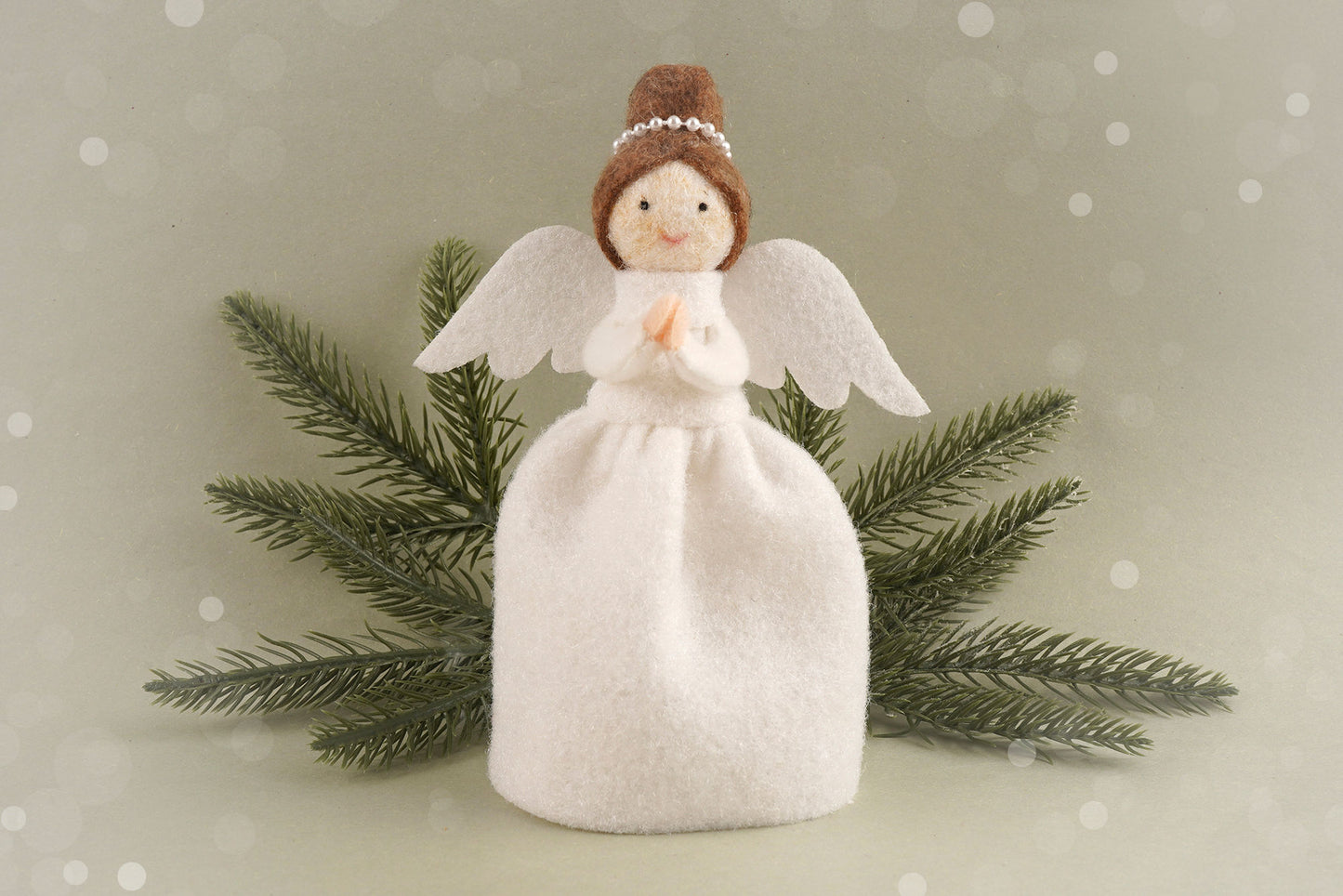 Felt Dark Haired Angel Christmas Tree Topper | Festive Decor