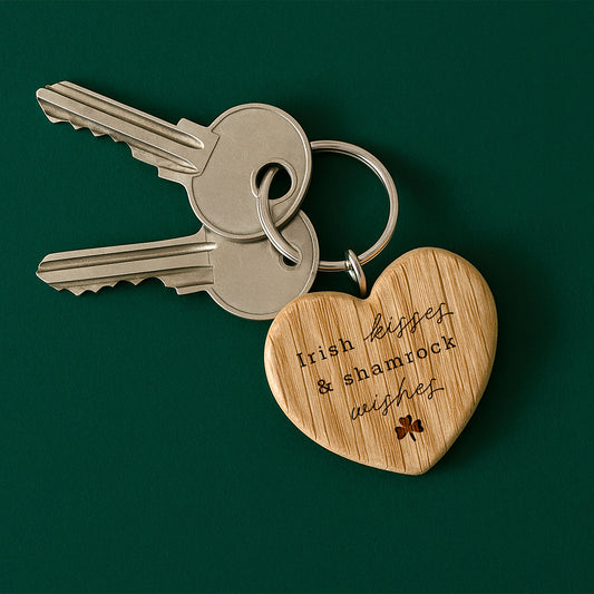 Oak Heart Keyring 'Irish Kisses & Shamrock Wishes' | Perfect Gift | House Keys | Novelty | Luck Of The Irish | Irish Gift