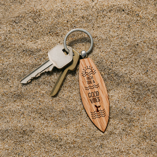 Loft 'High Tide & Good Vibes' Oak Surfboard Keyring | Birthday | Keepsake | Novelty Keyring