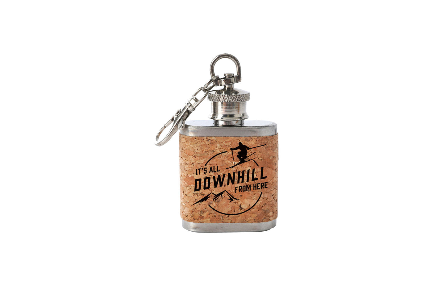 Mini Cork Hipflask 'It's All Downhill From Here' | Keyring | Skiing | Ski Slope Accessory