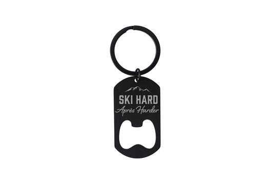 Black Bottle Opener Keyring 'Ski Hard, Apres Harder' | Key Accessory | Gift For Dad | Fathers Day | Skiing