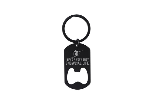 Black Bottle Opener Keyring 'I Have a Very Busy Snowcial Life' | Key Accessory | Gift For Dad | Fathers Day | Skiing
