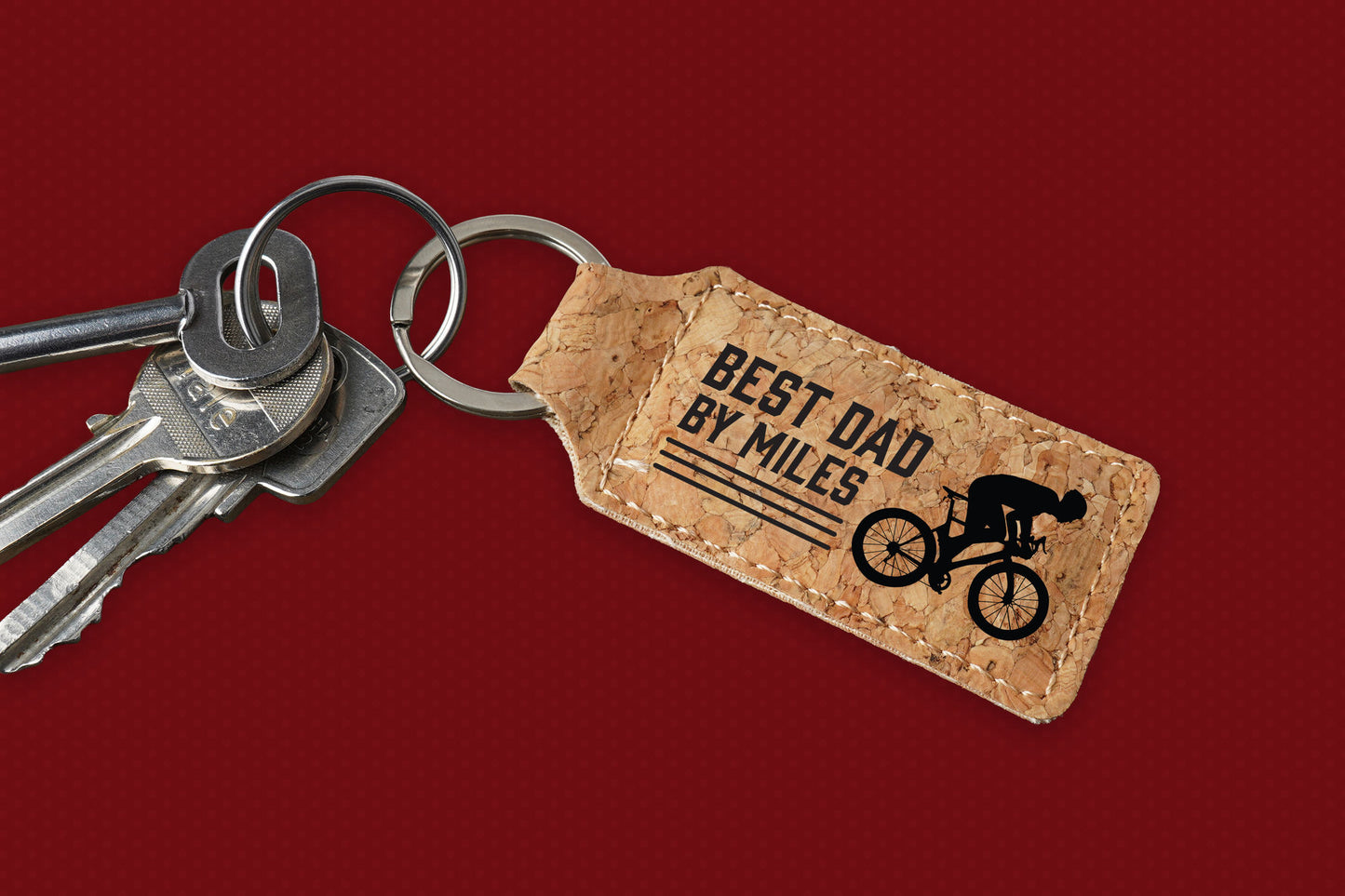 Rectangular Cork Keyring 'Best Dad By Miles' | Cyclist | Cycling Gift | Keyring | Novelty