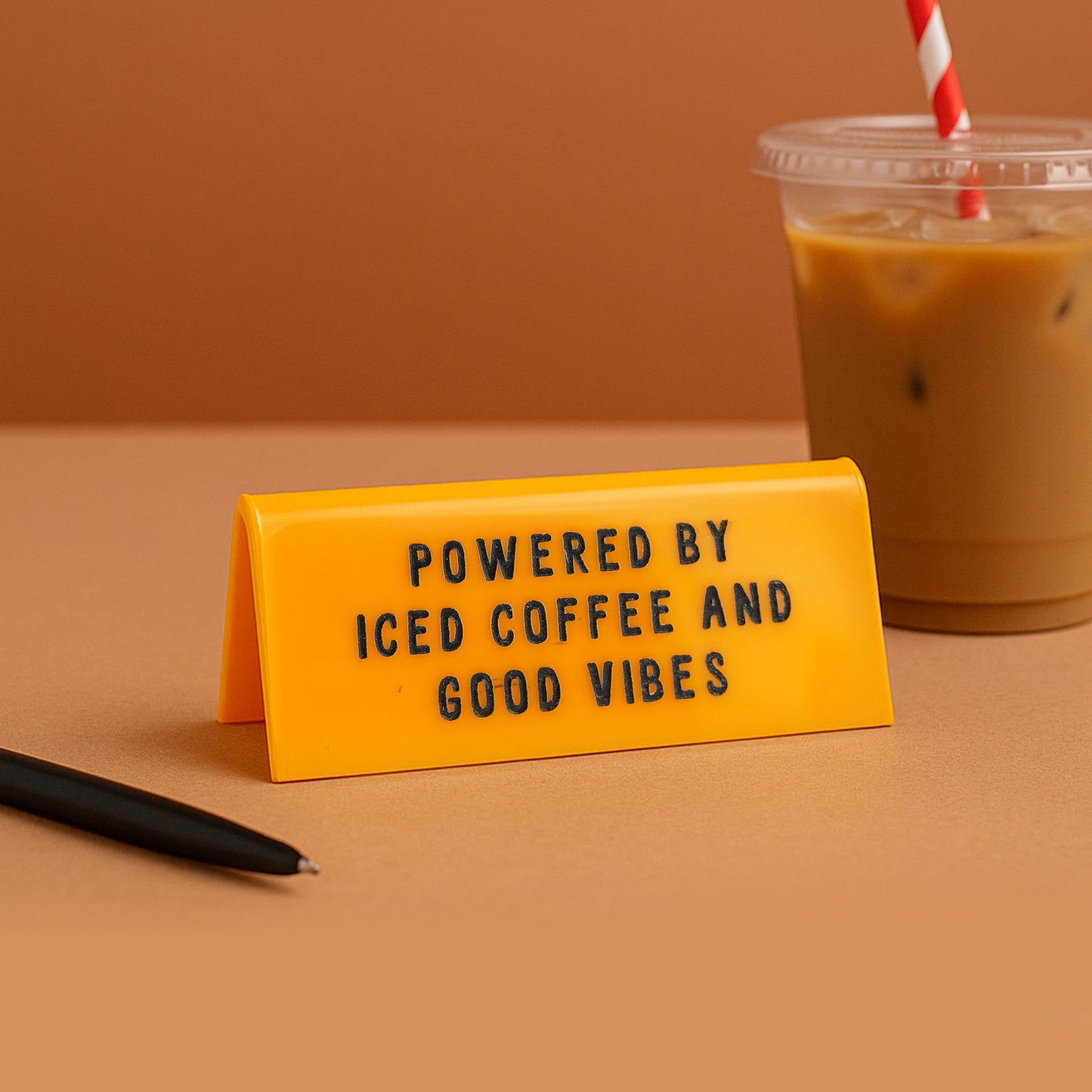 Yellow Acrylic Desk Sign | Powered By Iced Coffee