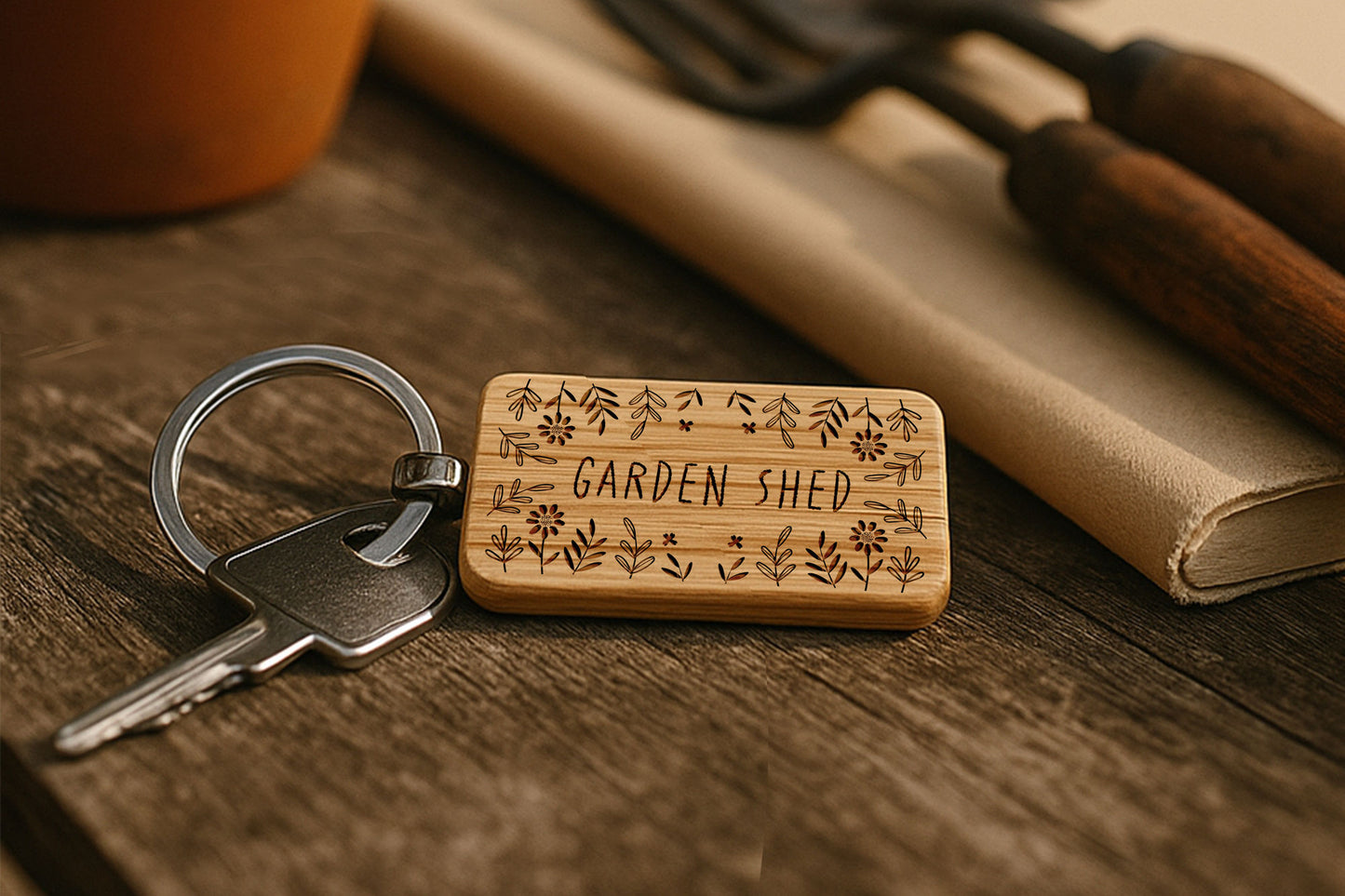 The Potting Shed 'Garden Shed' Oak Rectangle Keyring | Accessory | Handbag | Keychain